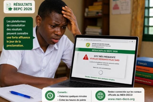 site-resultats-bepc-inaccessible-2026 Candidat essayant de consulter les résultats du BEPC 2026 sur un site internet saturé