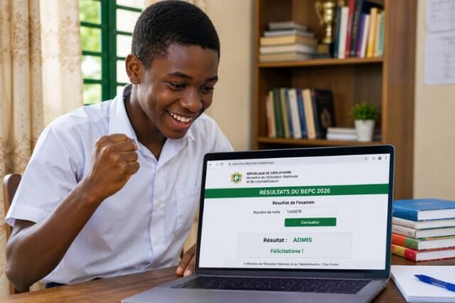 Élève consultant les résultats du BEPC 2026 sur un site officiel en Côte d'Ivoire